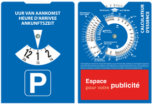 Kartonnen parkeerschijf met berekening voor brandstofverbruik