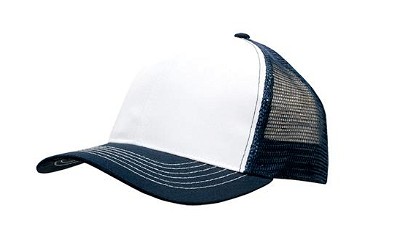 Ademende poly twill trucker cap met mesh achterkant wit/navy