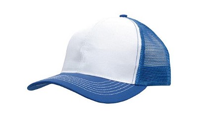 Ademende poly twill trucker cap met mesh achterkant wit/koningsblauw