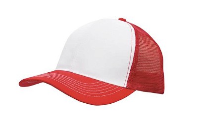 Ademende poly twill trucker cap met mesh achterkant wit/rood