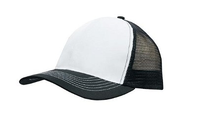 Ademende poly twill trucker cap met mesh achterkant wit/zwart