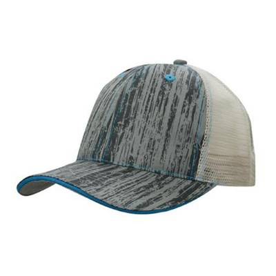 Polyester trucker cap met houtprint en mesh achterkant cyaan