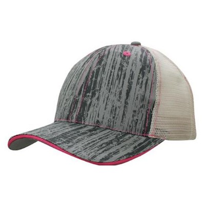 Polyester trucker cap met houtprint en mesh achterkant donkerroze