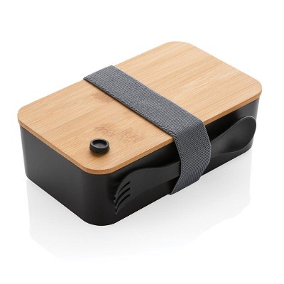 PP lunchbox met bamboe deksel en spork zwart