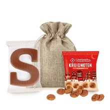 Jute zakje 13 x 18 cm | 50 gram Bolletje kruidnoten | Schoenletter 40 gram